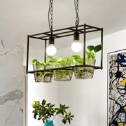 DecorBites™ retro metal rectangle island ceiling light in black with three glass planters for dining room use