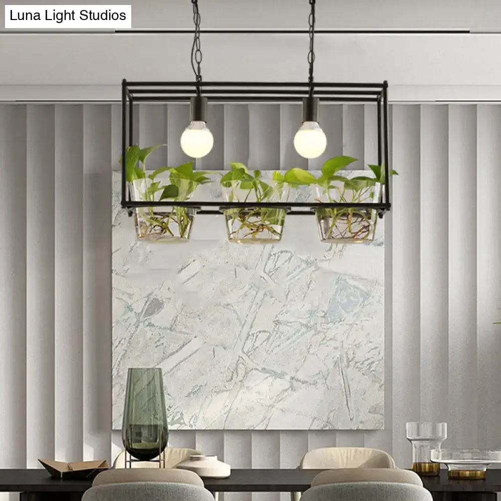 Black metal rectangle island ceiling light with two exposed bulbs and three glass planters holding green plants