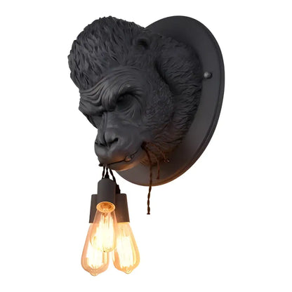 Retro black gorilla resin wall sconce with three exposed dual filament bulbs for bedroom decorbites gorilla resin wall use