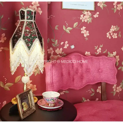 Retro table lamp with black and green floral roses retro shade and white beaded fringe for bedroom decor