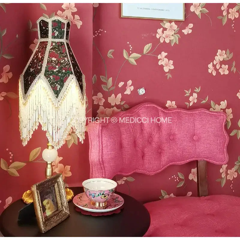 Retro table lamp with black and green floral roses retro shade and white beaded fringe for bedroom decor