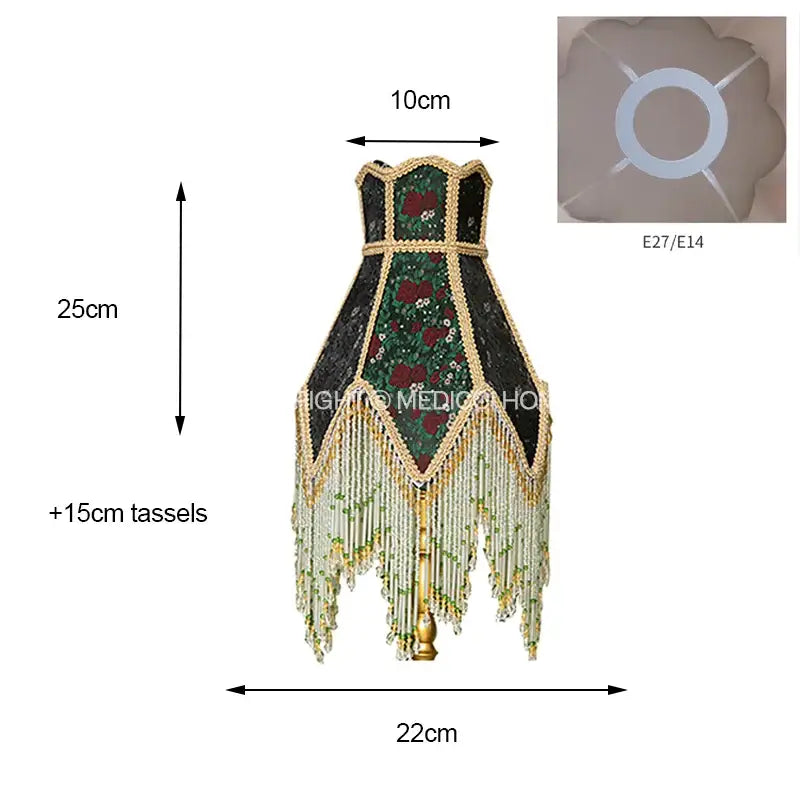 Elegant retro table lamp with black lace lampshade featuring green rose embroidery gold trim and beaded fringe tassels