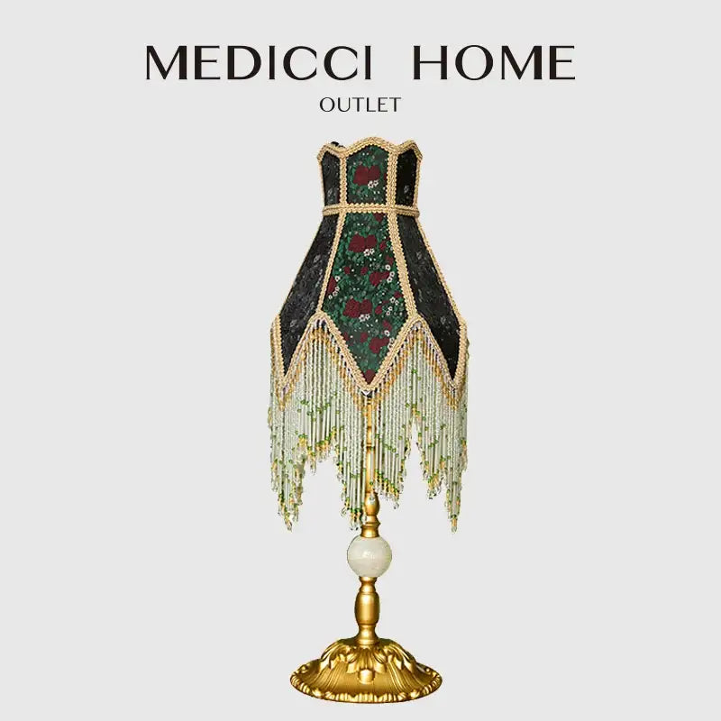 Medicci home outlet roses retro table lamp with black and green beaded floral shade and antique brass base