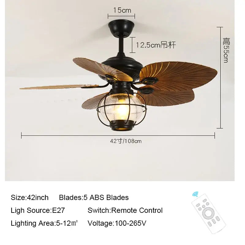 Retro black iron fan light with five wooden-style blades and glass globe light fixture with remote control for living room