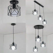 Retro black iron frame pendant light with geometric cage design and exposed bulbs for kitchen decorbites iron frame
