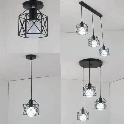 Retro black iron frame pendant light with geometric cage design and exposed bulbs for kitchen decorbites iron frame