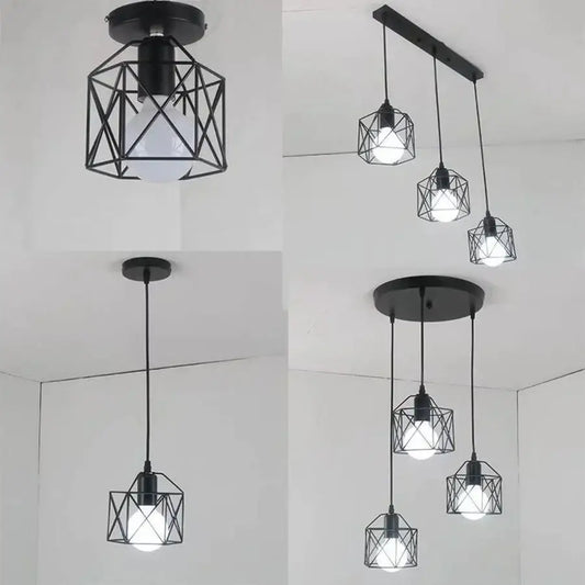 Retro black iron frame pendant light with geometric cage design and exposed bulbs for kitchen decorbites iron frame