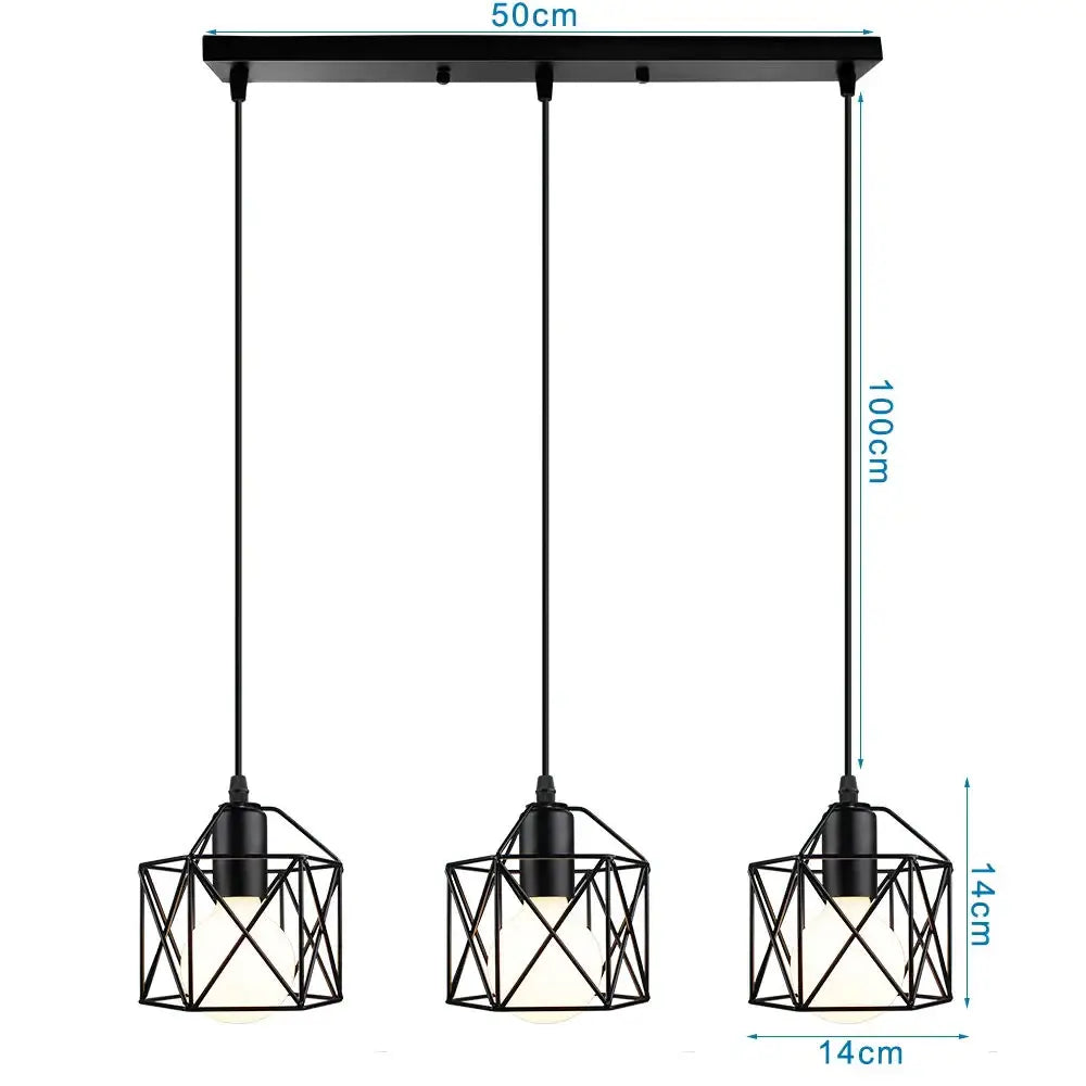 Black metal geometric pendant light fixture with three hanging lamps in iron frame decorbites iron frame style