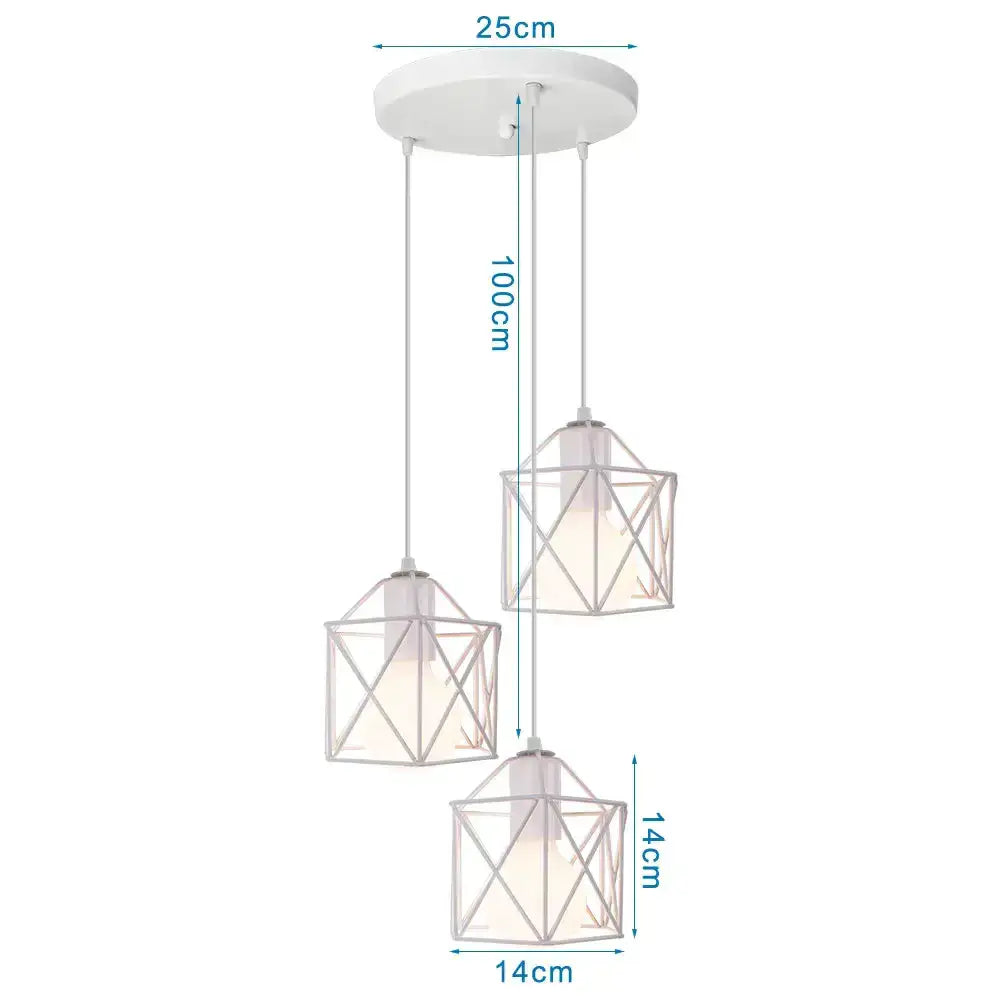 White geometric pendant light with three cube-shaped frosted glass shades and black iron frame decorbites iron frame design