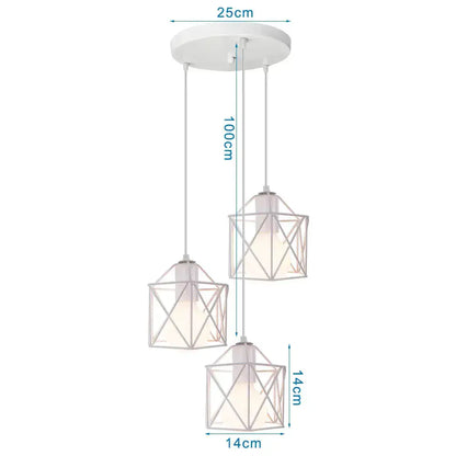 White geometric pendant light with three cube-shaped frosted glass shades and black iron frame decorbites iron frame design