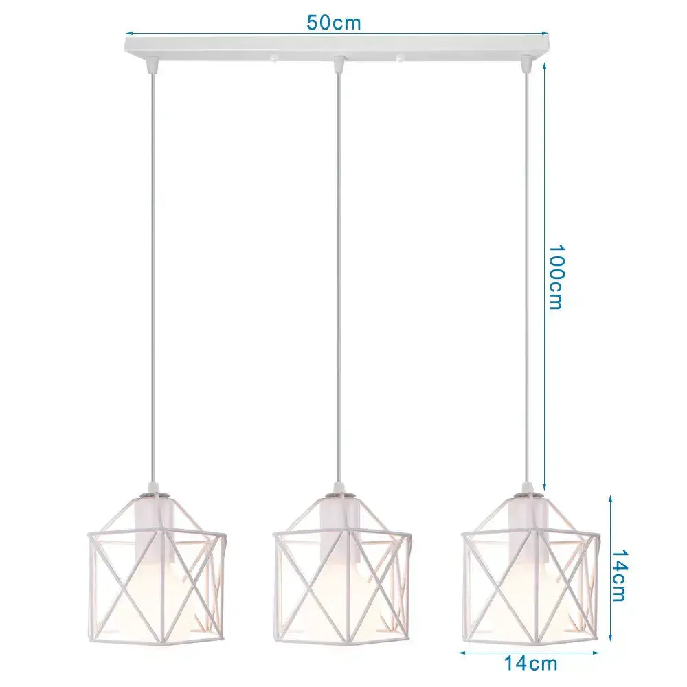 White geometric pendant light fixture with three lantern-style shades and black iron frame for kitchen decorbites iron frame