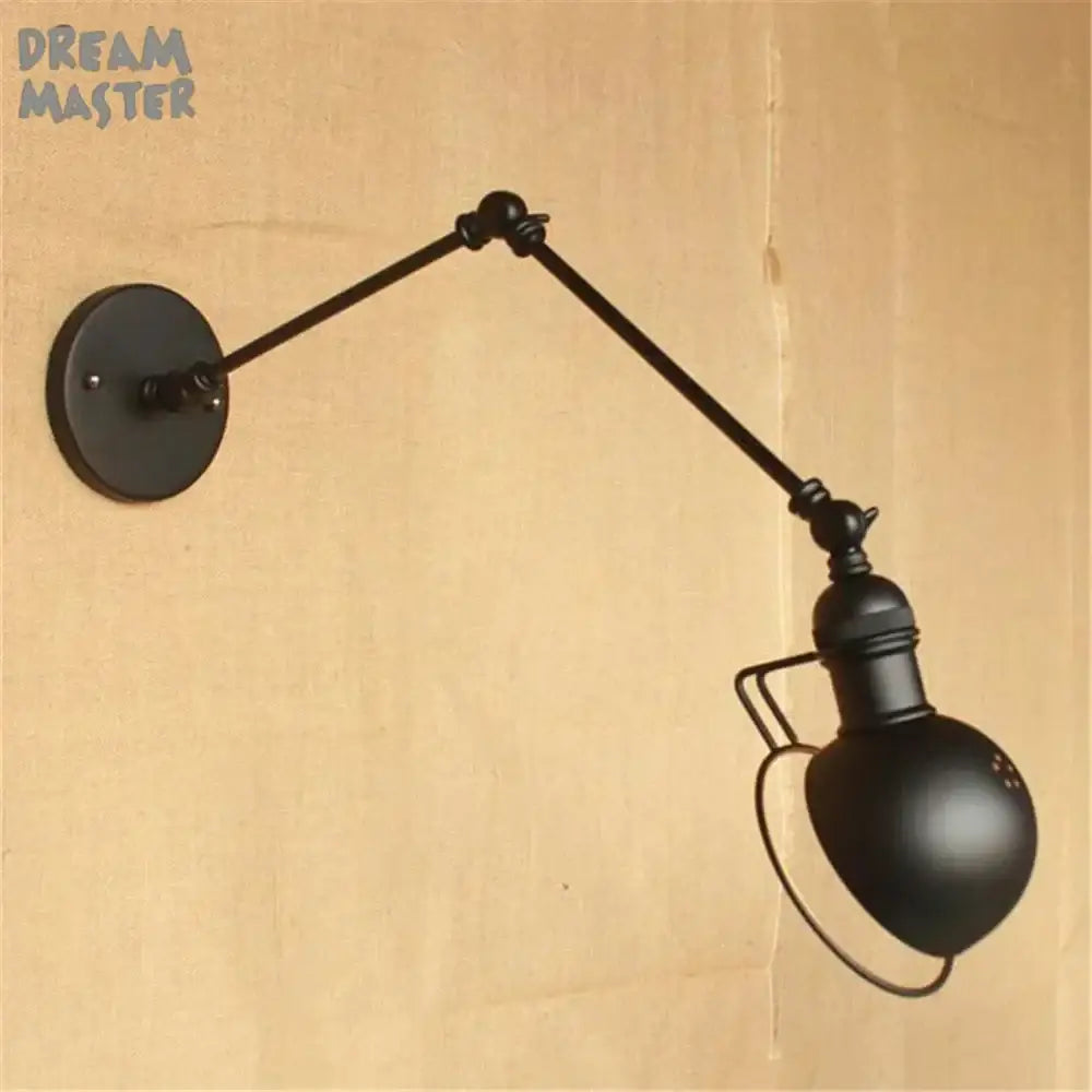 Retro black matte iron swing arm wall sconce with spherical lamp head for bedroom decorbites iron swing style lighting