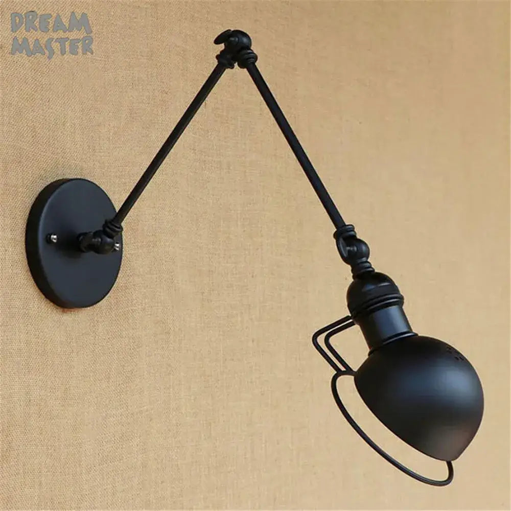 Retro black matte iron swing arm wall sconce with articulated arms and spherical lamp head for bedroom decorbites iron swing