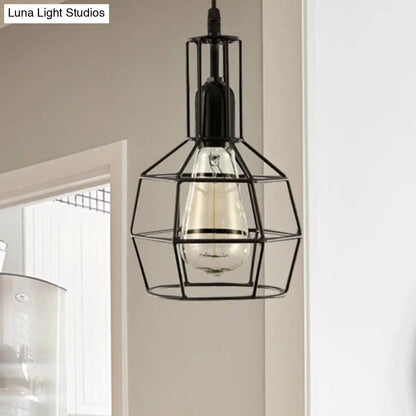 Retro Black Metal 1-Light Prism Cage Pendant Ceiling Light – Ideal for Living Room