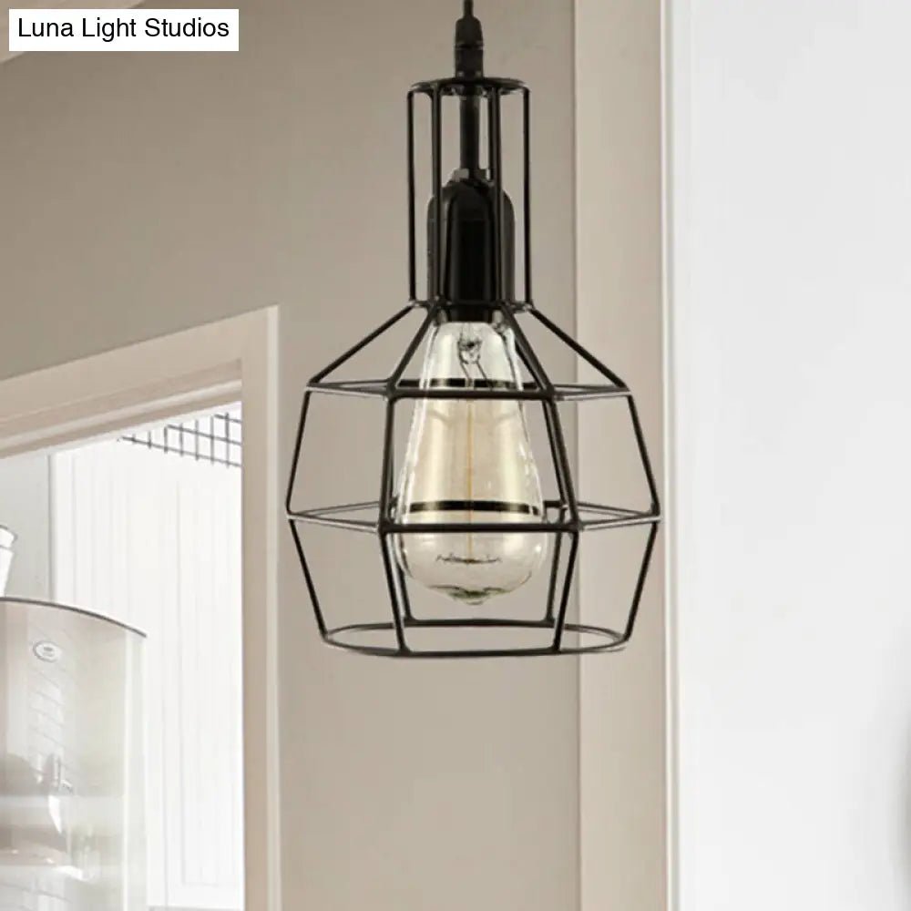 Retro Black Metal 1-Light Prism Cage Pendant Ceiling Light – Ideal for Living Room