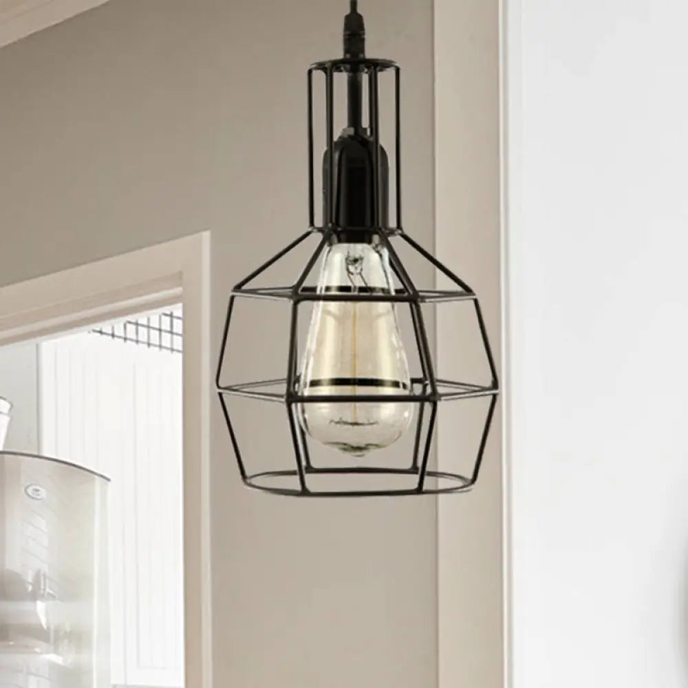 Retro Black Metal 1-Light Prism Cage Pendant Ceiling Light – Ideal for Living Room