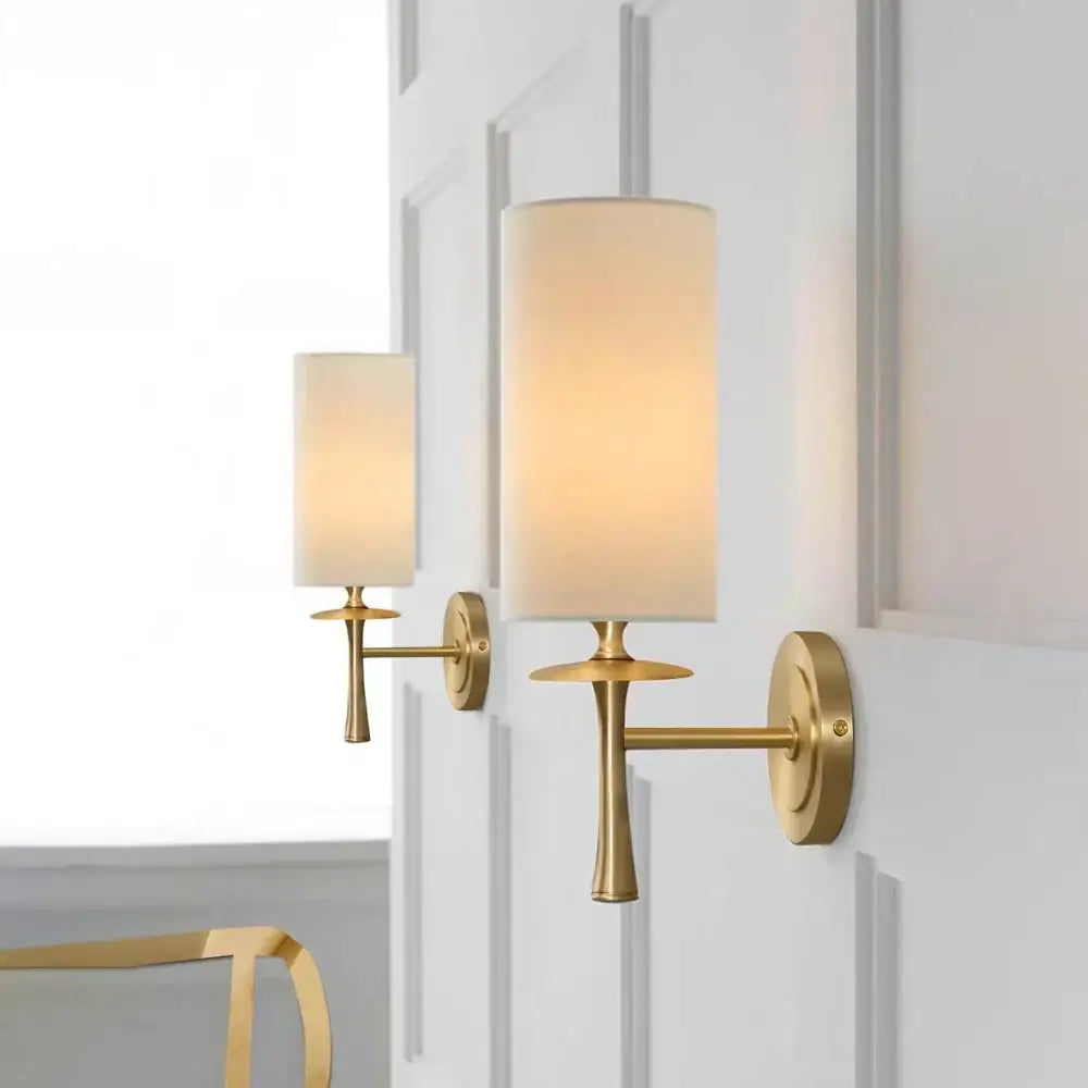 Gold-finished brass wall lamp with cylindrical off-white fabric shade retro black metal brass wall lamp decorbites brass wall