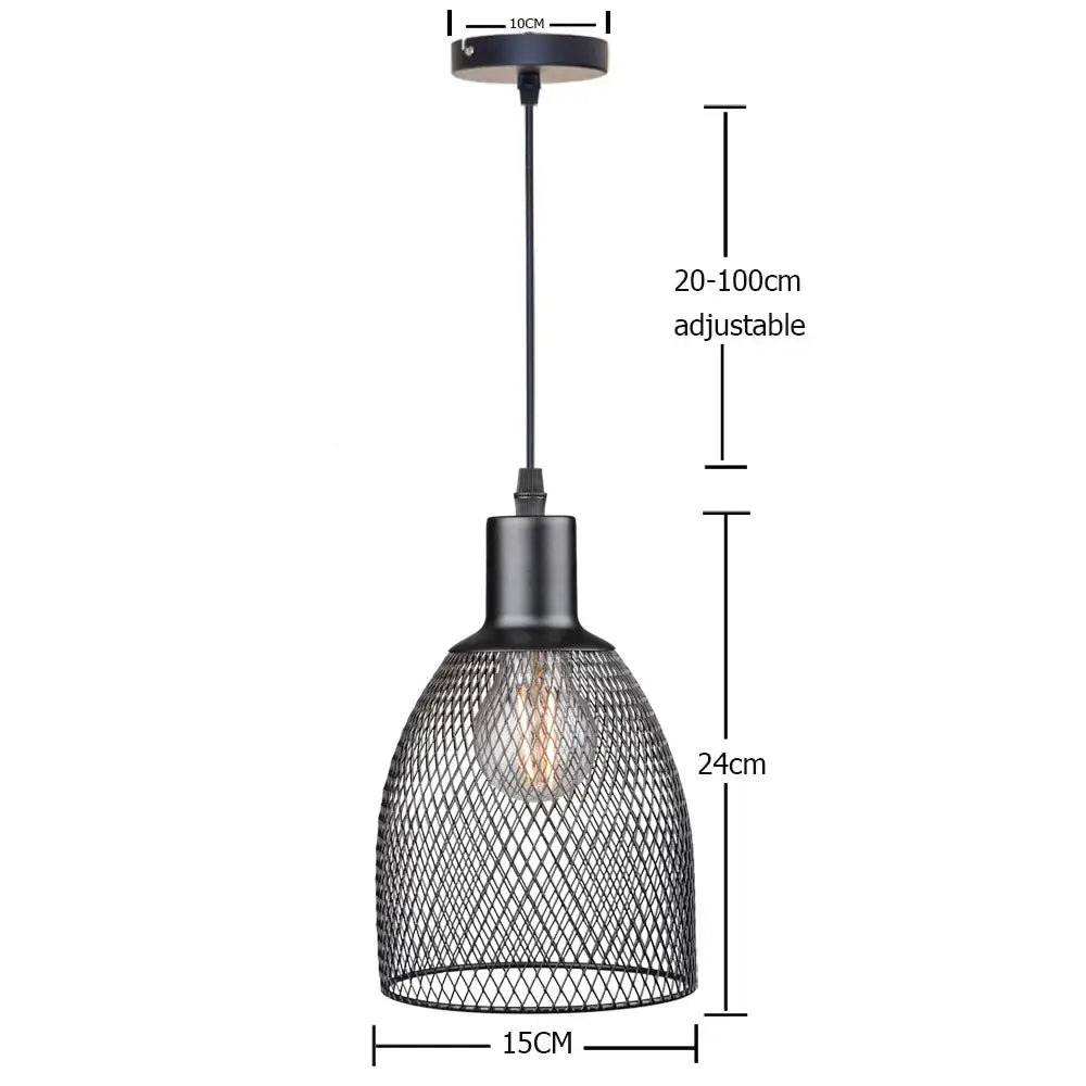 Retro black metal cage bell pendant light with diamond-patterned wire cage and exposed bulb for dining room decorbites cage bell pendant