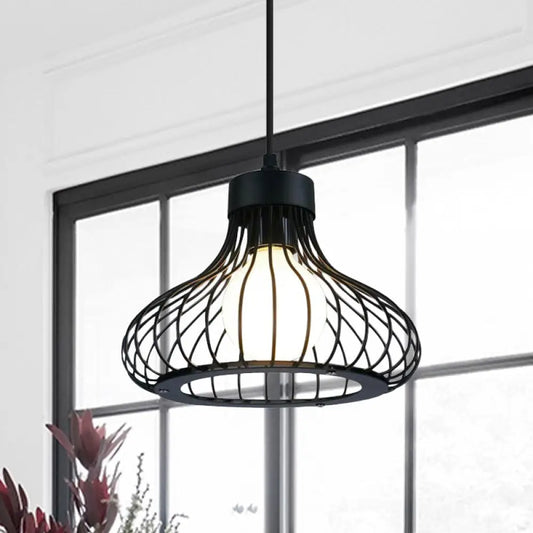 Retro Black Metal Pendant Light with Wire Cage: Ideal Kitchen Lighting