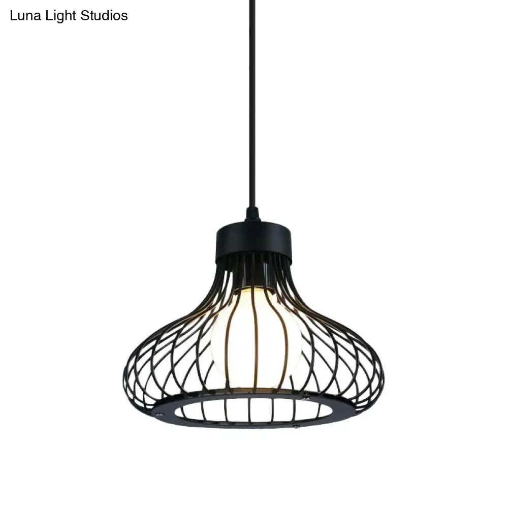 Retro Black Metal Pendant Light with Wire Cage: Ideal Kitchen Lighting