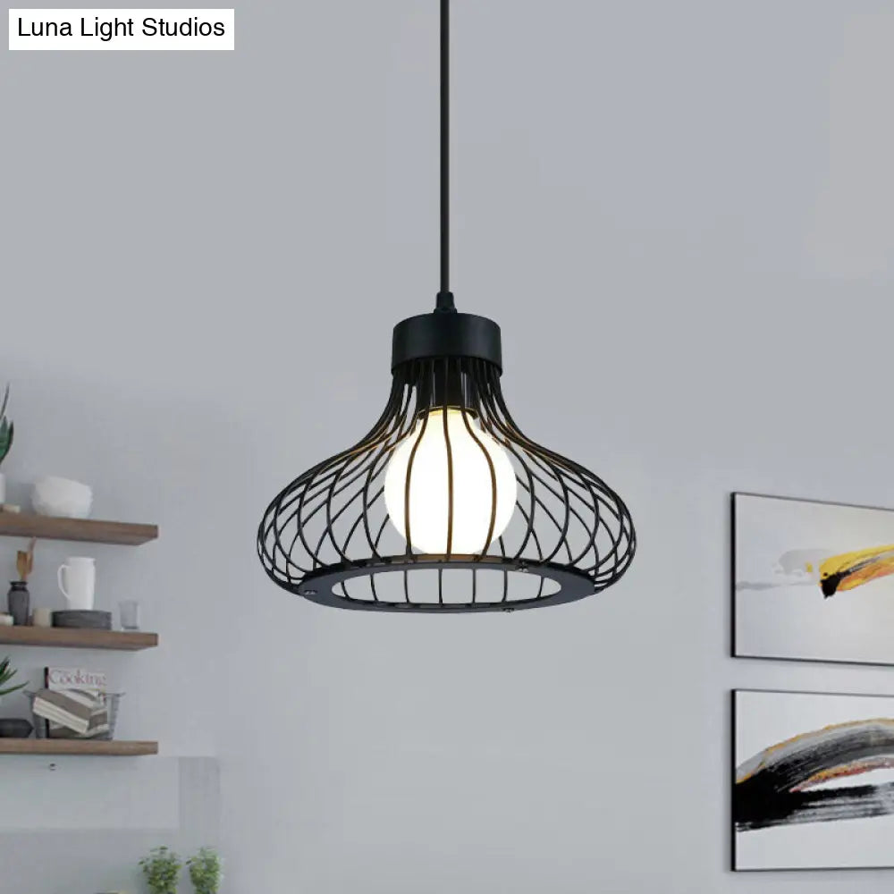 Retro Black Metal Pendant Light with Wire Cage: Ideal Kitchen Lighting