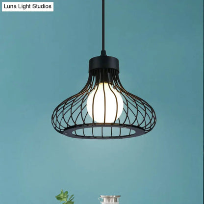 Retro Black Metal Pendant Light with Wire Cage: Ideal Kitchen Lighting