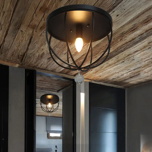 DecorBites™ DecorBites™ Retro Black Metallic Flush Mount Ceiling Light with Wire Cage and Clear Crystal Ball - 1/4/5 Heads