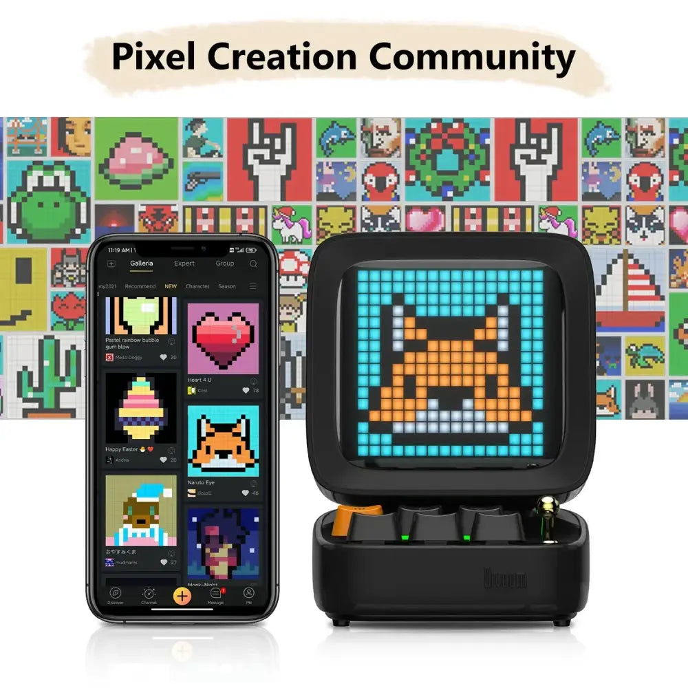 Retro black ditoo pixel art bluetooth speaker displaying pixelated orange fox on screen for bedroom use