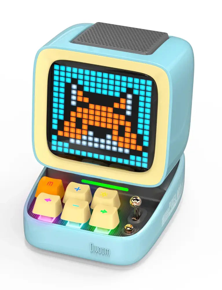 Light blue retro computer-shaped ditoo pixel art bluetooth speaker with pixel art orange cat display and colorful keys