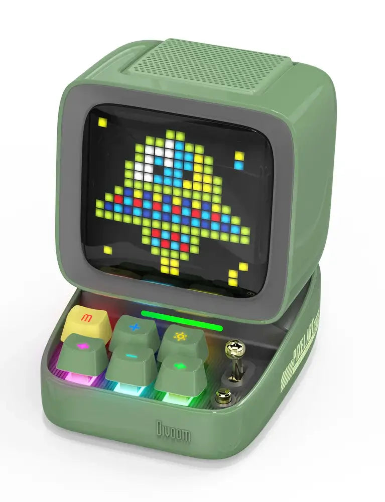 Ovoom retro black ditoo pixel art bluetooth speaker with pixelated alien display and colorful backlit keyboard keys