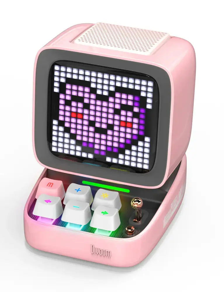 Pink odysee retro-style black ditoo pixel art bluetooth speaker with pixelated heart display and colorful illuminated keys