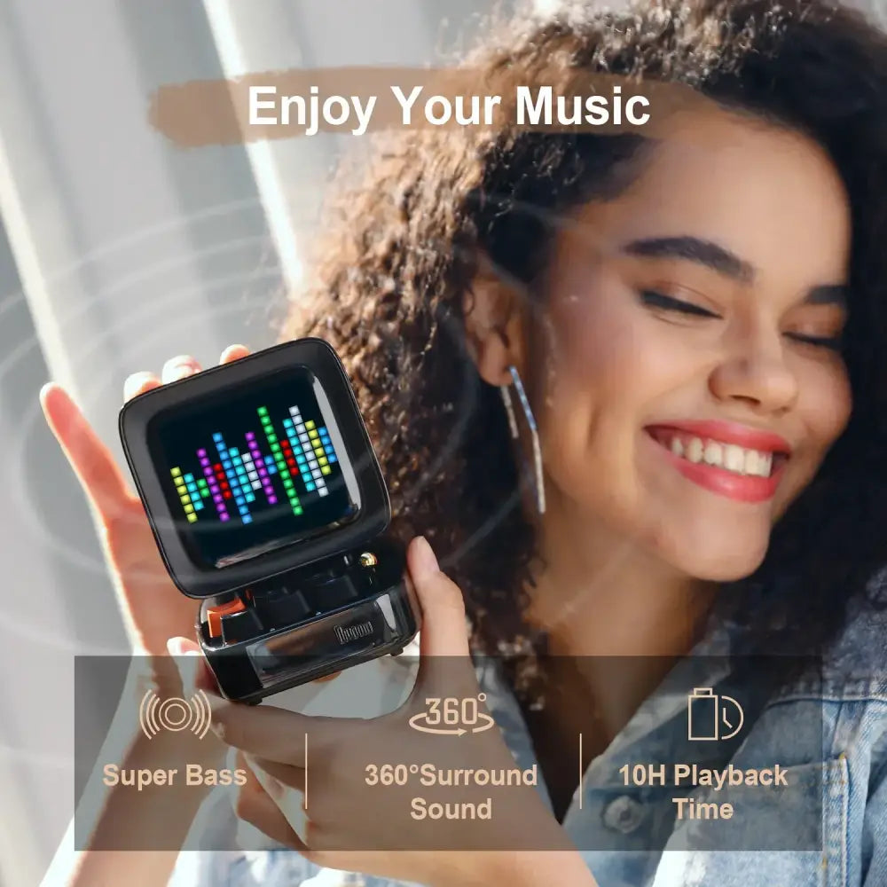 Black rectangular retro ditoo pixel art bluetooth speaker with colorful led music equalizer display for bedroom use