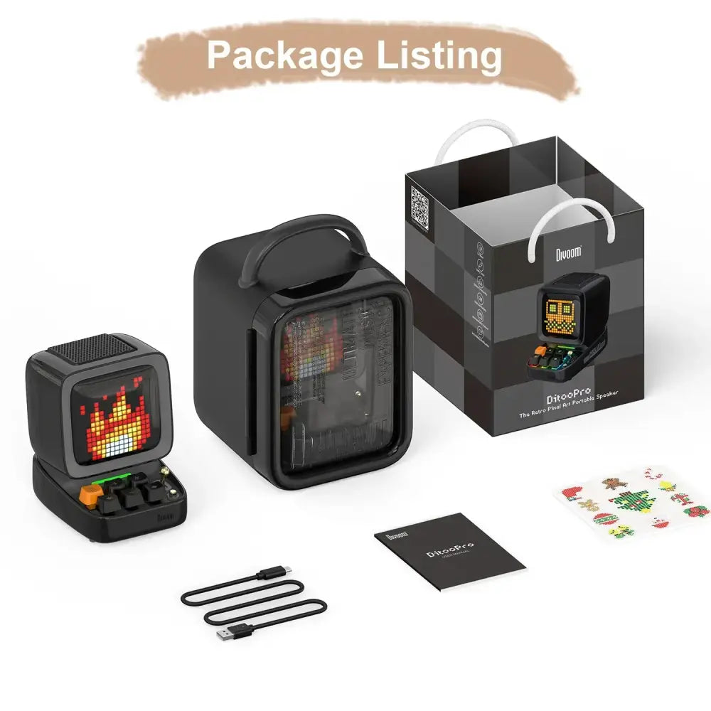 Retro black ditoo pixel art bluetooth speaker with square screen showing flames and transparent side panel revealing components