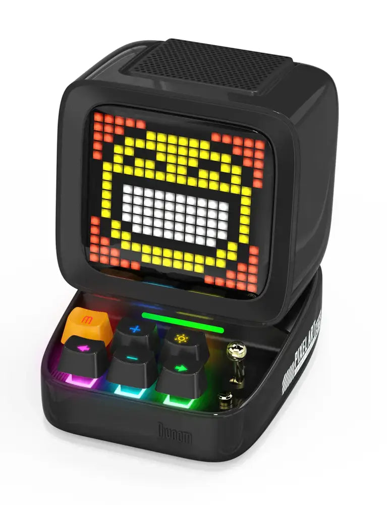 Retro black ditoo pixel art bluetooth speaker with pixelated screen and illuminated multi-colored keyboard keys