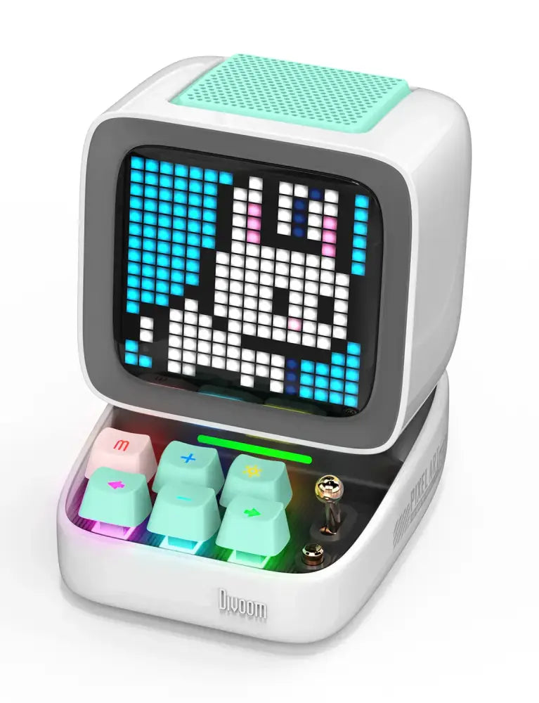 White and mint green odysee retro-style ditoo pixel art bluetooth speaker with pixel art bluetooth rabbit face display