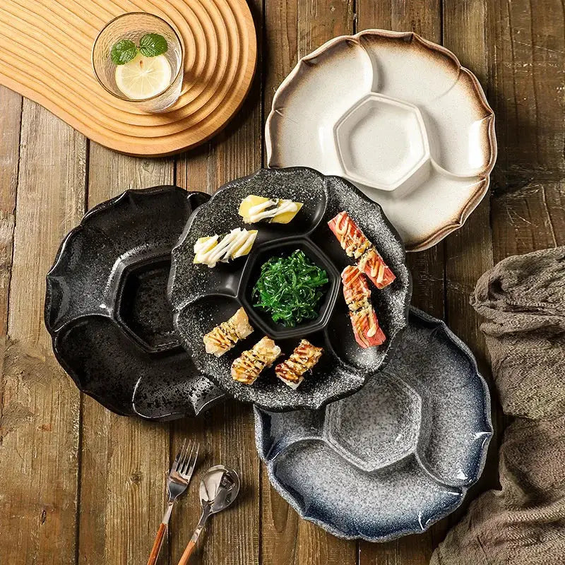 Retro black speckled decorbites ceramic dining room serving platter with hexagonal center and scalloped edges dinner plate