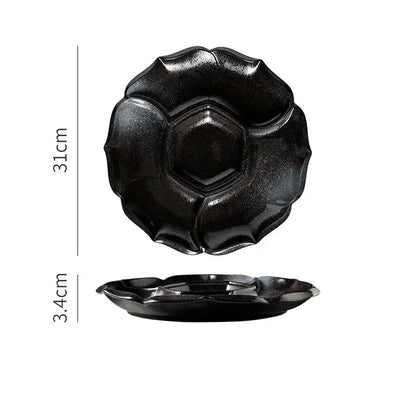 Retro black speckled decorbites ceramic dinner plate with glossy finish and petal-like ridges for elegant dining