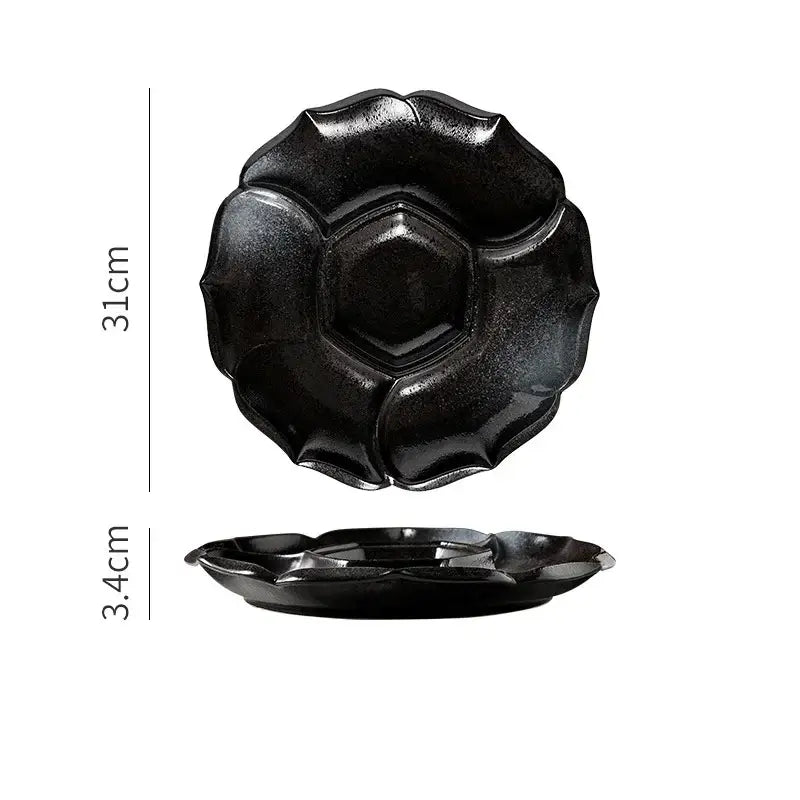 Retro black speckled decorbites ceramic dinner plate with glossy finish and petal-like ridges for elegant dining