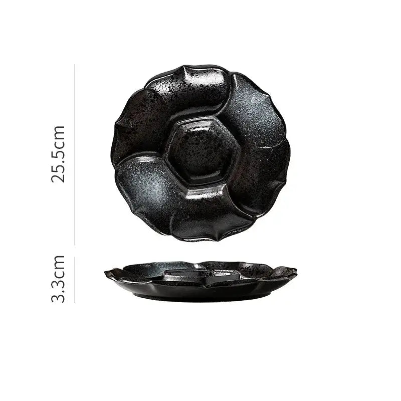 Retro black speckled ceramic dinner plate by decorbites ceramic with glossy finish and petal-like rim ridges for dining room use