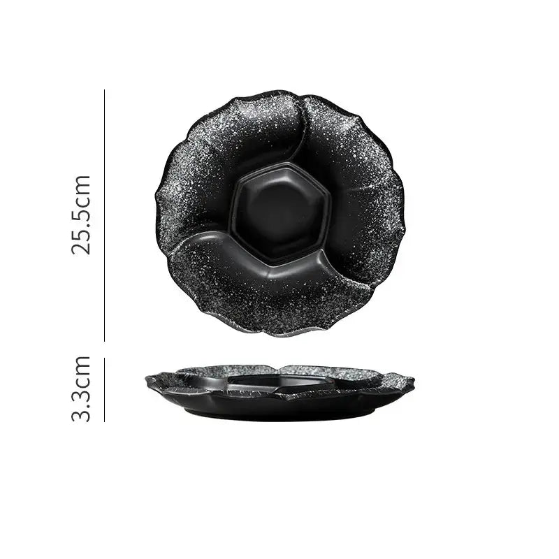 Retro black speckled decorbites ceramic dinner plate with glittery petal rim and hexagonal center for serving platter