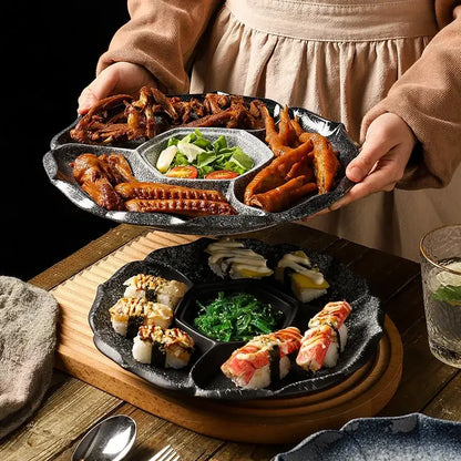 Retro black speckled decorbites ceramic 4-grid dinner plate serving platter with leaf-shaped compartments for dining room use