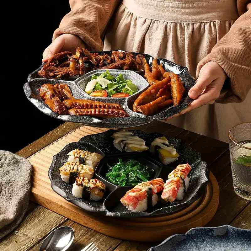 Retro black speckled decorbites ceramic 4-grid dinner plate serving platter with leaf-shaped compartments for dining room use