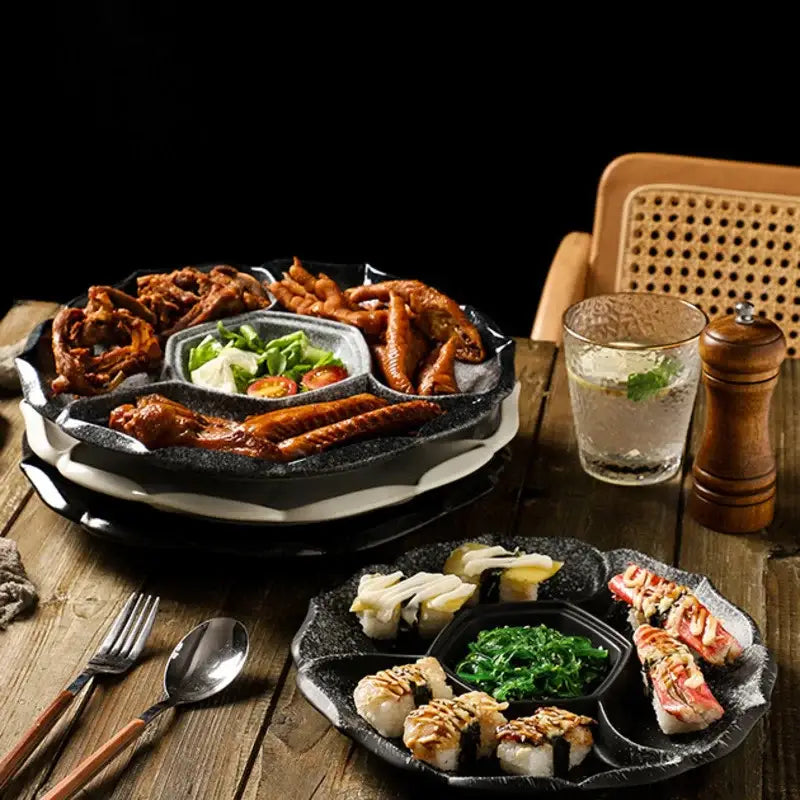 Retro black speckled decorbites ceramic 4-grid dinner plate serving platter with compartments holding grilled chicken and seafood