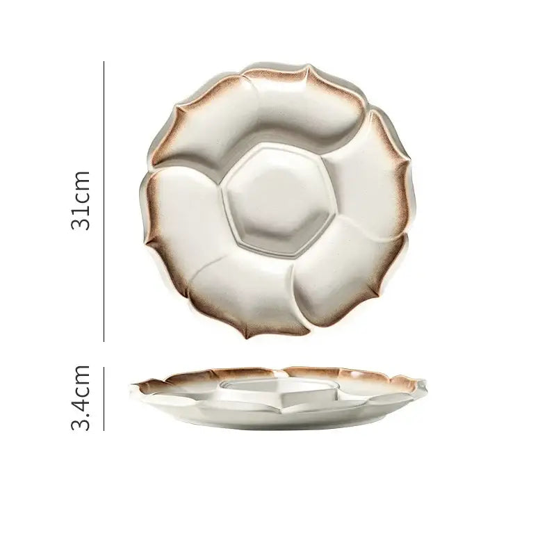 Decorbites ceramic dinner plate with lotus flower design in white beige on retro black speckled ceramic platter