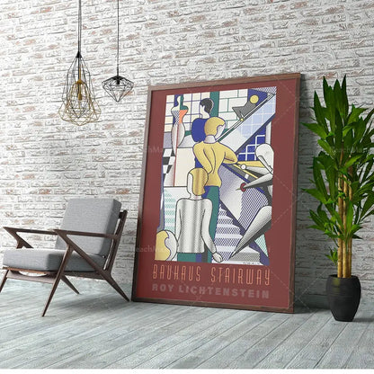 A framed retro black and white bauhaus stairs canvas print featuring colorful figures by Roy Lichtenstein