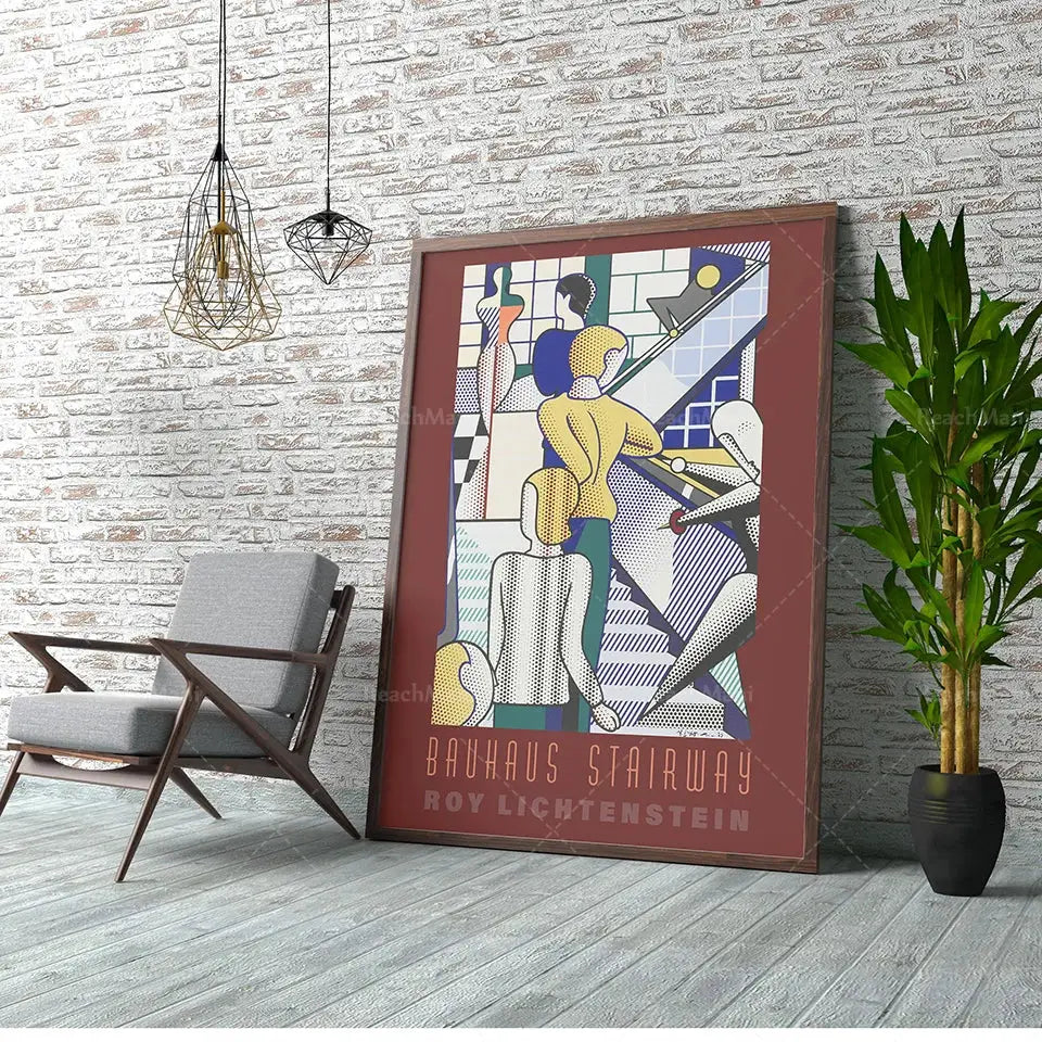 A framed retro black and white bauhaus stairs canvas print featuring colorful figures by Roy Lichtenstein