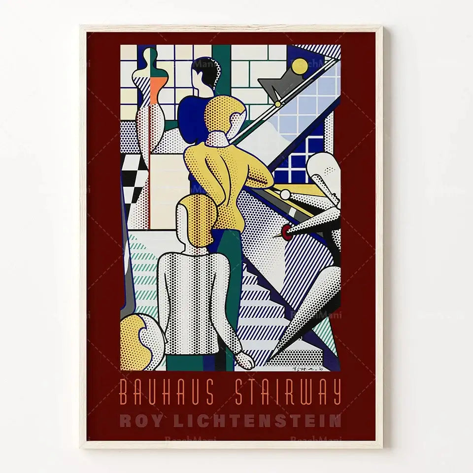 A framed bauhaus stairs canvas print by roy lichtenstein featuring bold geometric shapes in vibrant primary colors