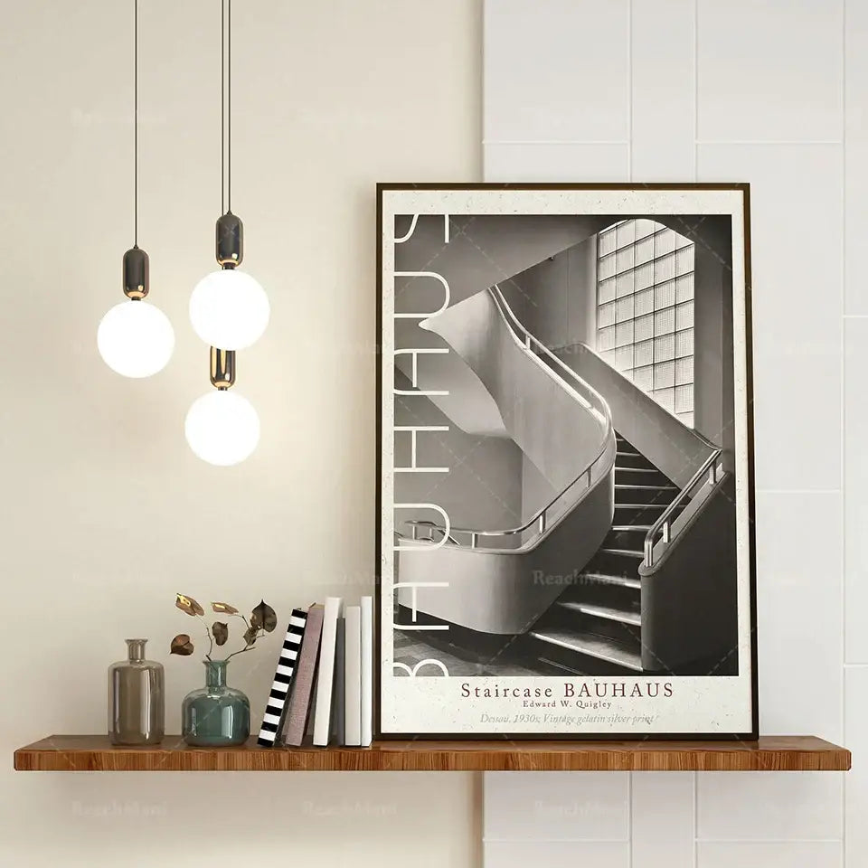Black and white bauhaus stairs canvas print with bold vertical typography for retro living room wall art