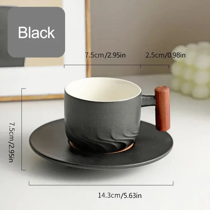 Black ceramic coffee cup with wooden handle and subtle texture paired with matching saucer decorbites 130ml blue kitchen set