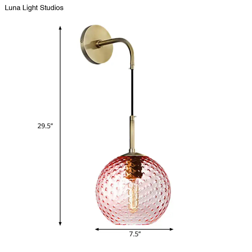Retro pink yellow blue textured glass globe pendant light with brass curved arm for bedroom wall mounting